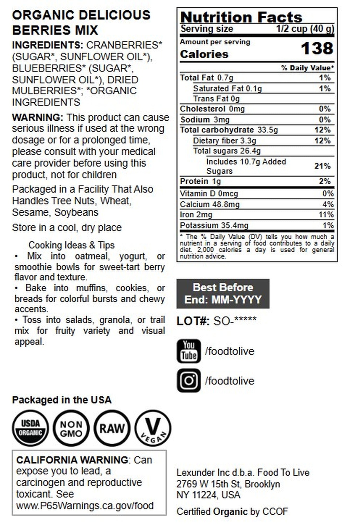 Organic Delicious Berries Mix with Cranberries, Blueberries, and White Mulberries - by Food To Live