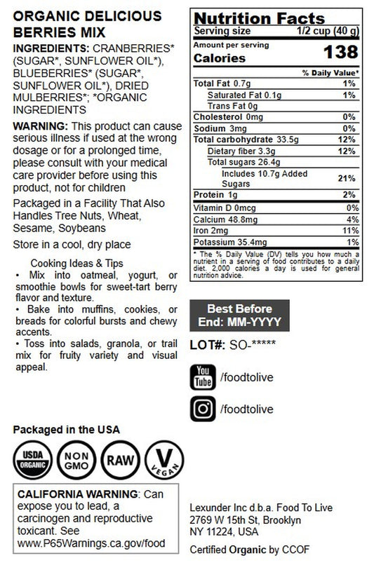 Organic Delicious Berries Mix with Cranberries, Blueberries, and White Mulberries - by Food To Live