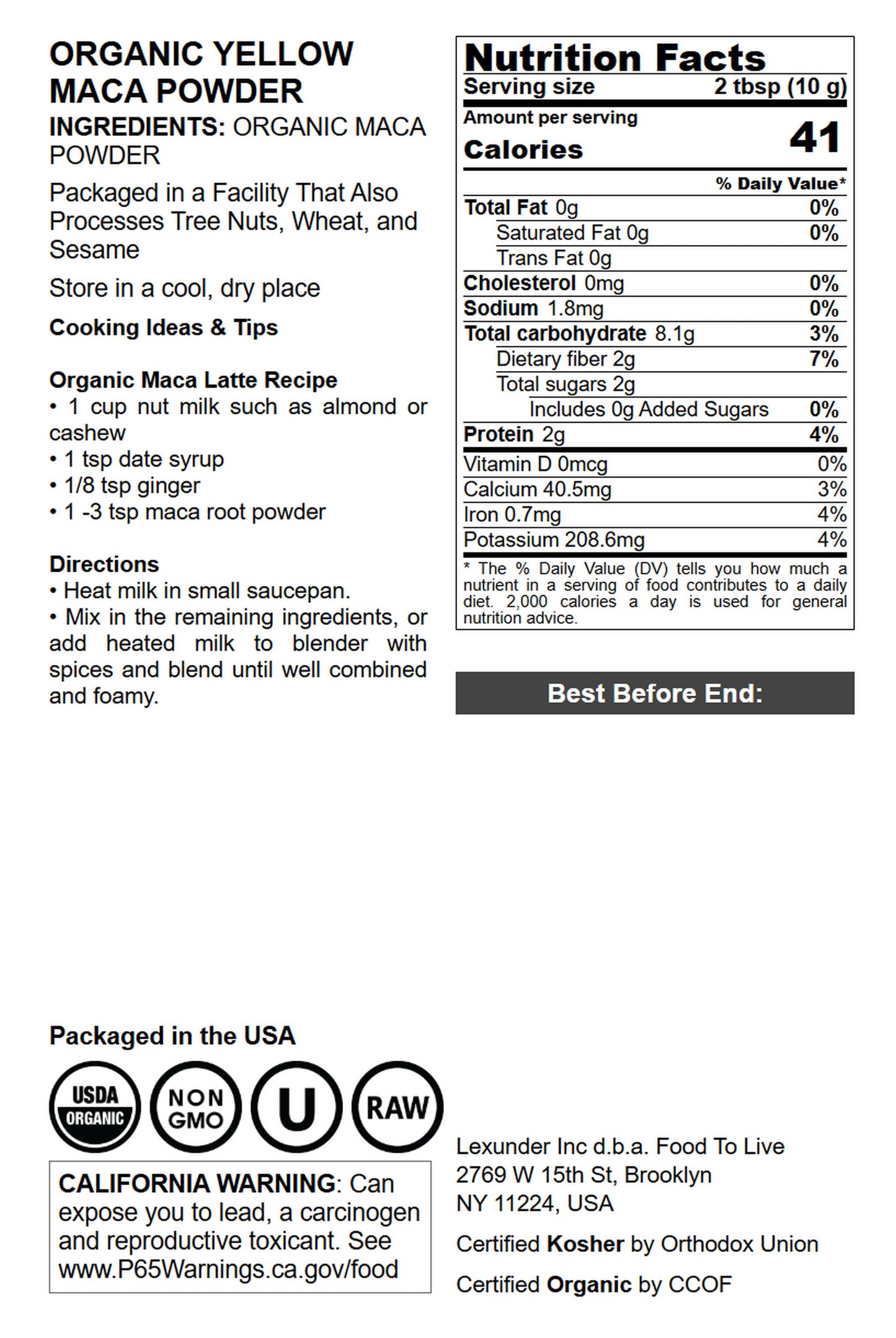 Organic Yellow Maca Powder - by Food to Live