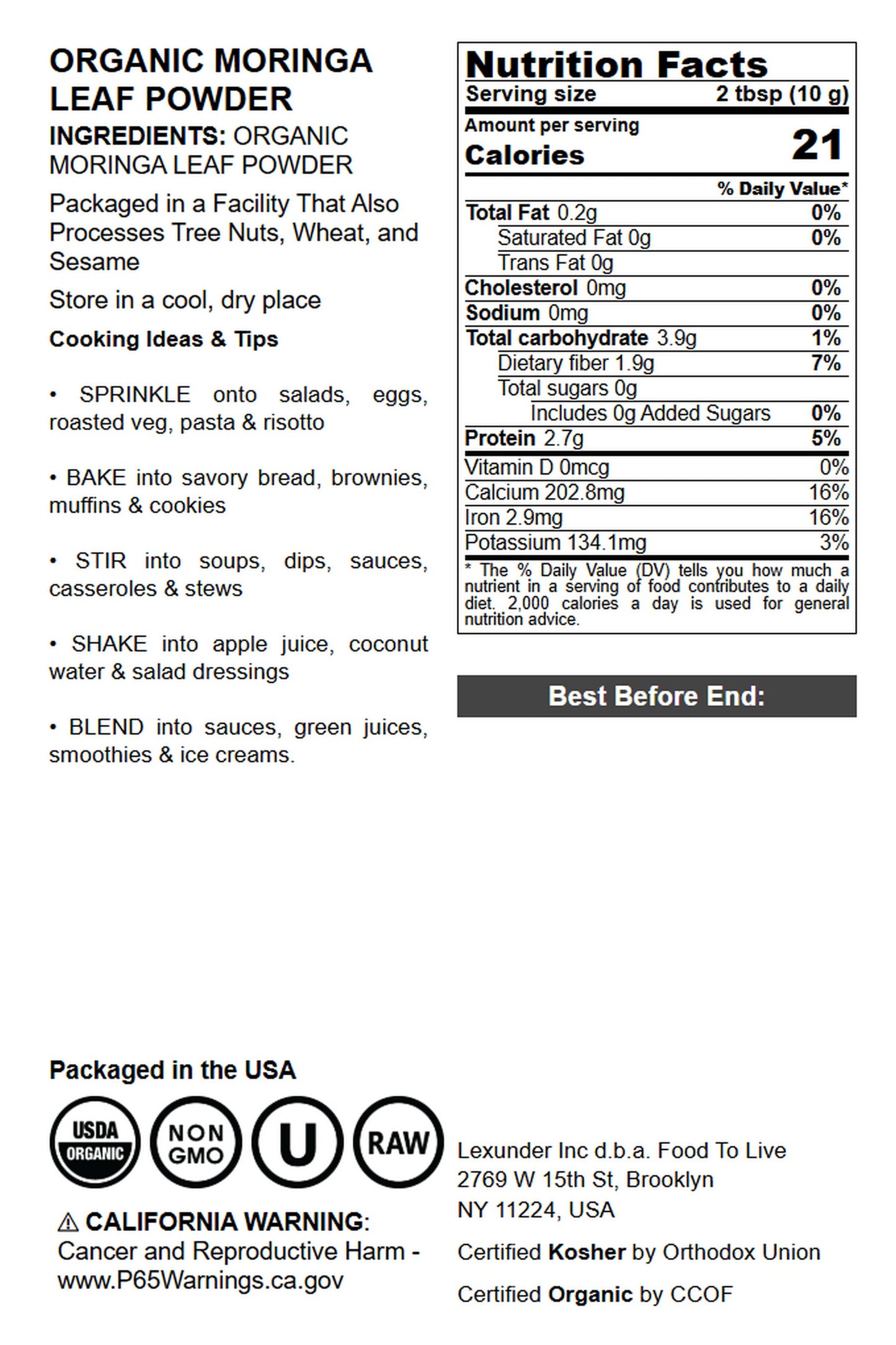 Organic Moringa Powder - by Food To Live