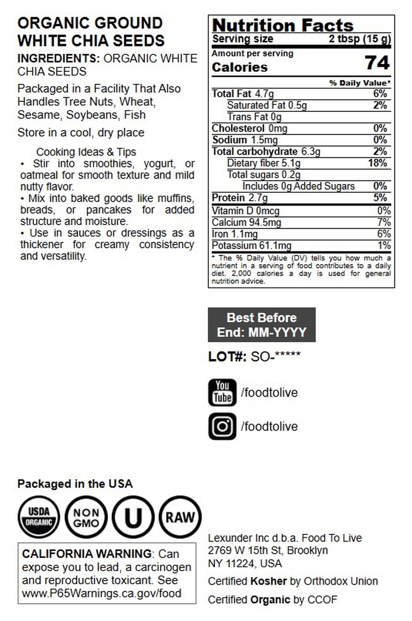 Organic Ground White Chia Seeds - by Food to Live