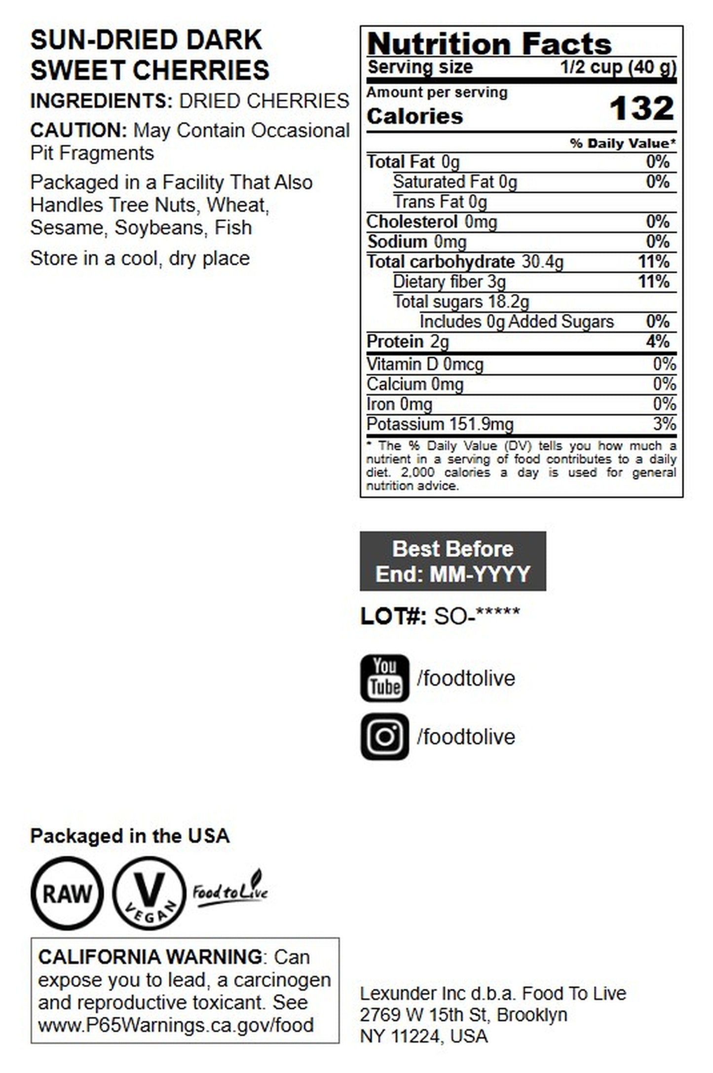 Dried Dark Sweet Cherries - by Food To Live