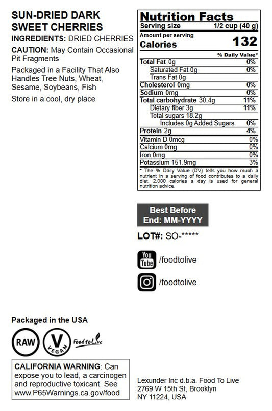 Dried Dark Sweet Cherries - by Food To Live