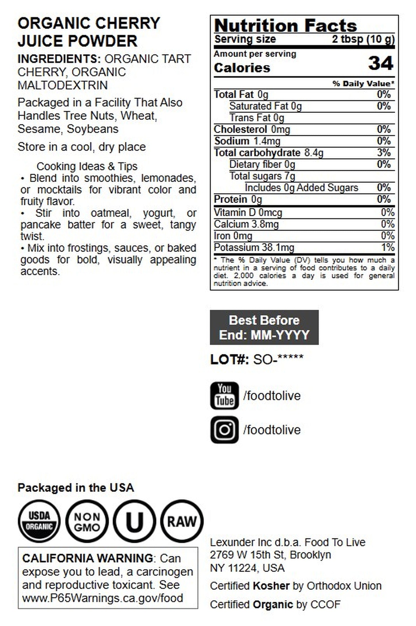 Organic Tart Cherry Powder - by Food To Live