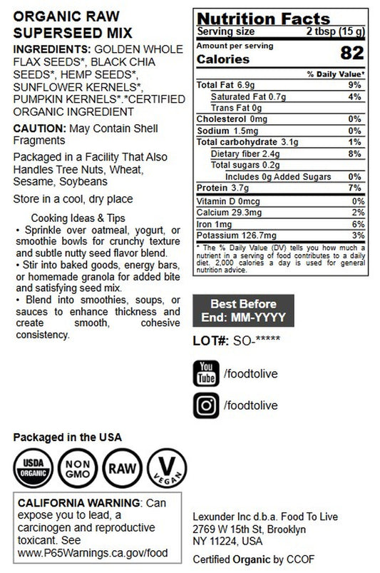 Organic Raw Superseed Mix with Chia, Flax, Hemp, Pumpkin, and Sunflower - by Food To Live