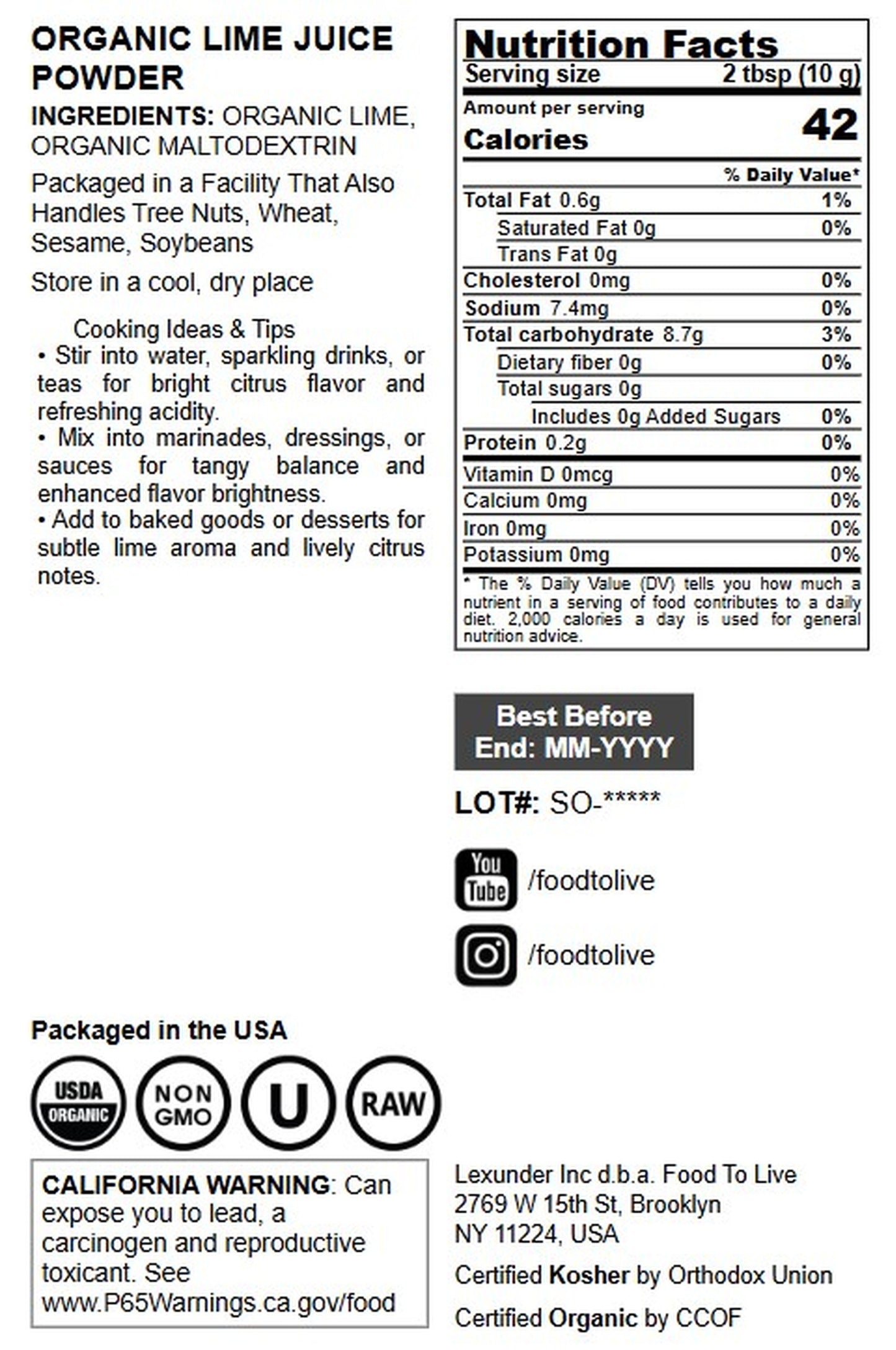 Organic Lime Powder - by Food To Live