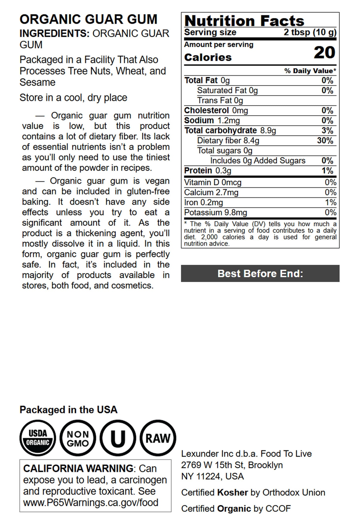 Organic Guar Gum Powder - by Food To Live