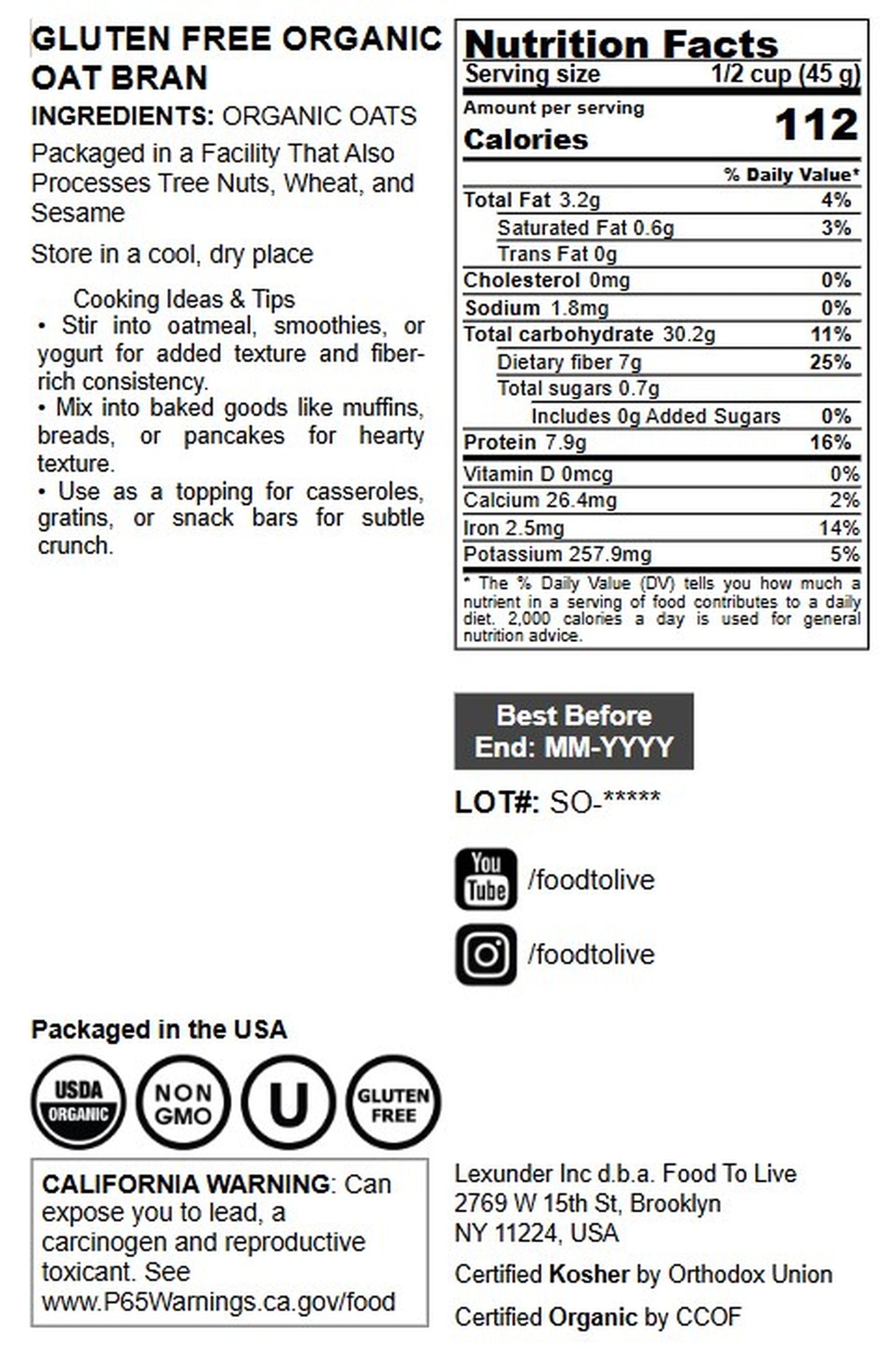 Gluten Free Organic Oat Bran - by Food To Live