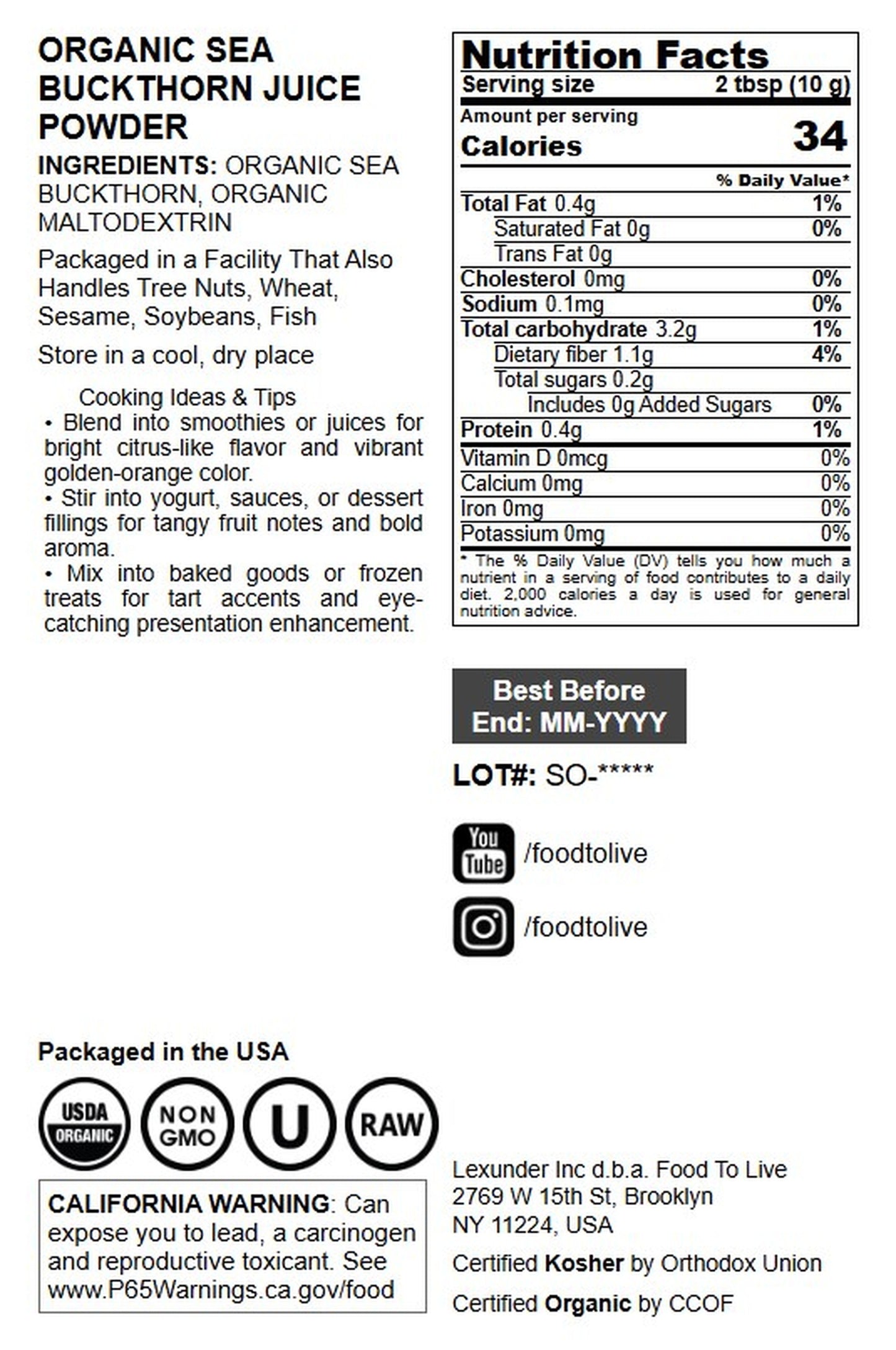 Organic Sea Buckthorn Powder - by Food To Live