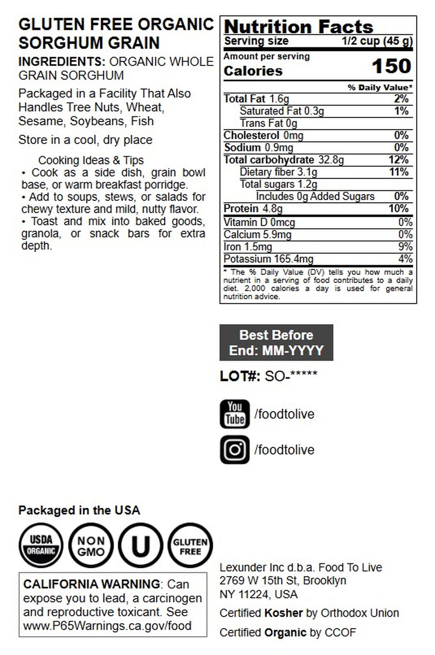 Gluten Free Organic Whole Grain Sorghum - by Food To Live