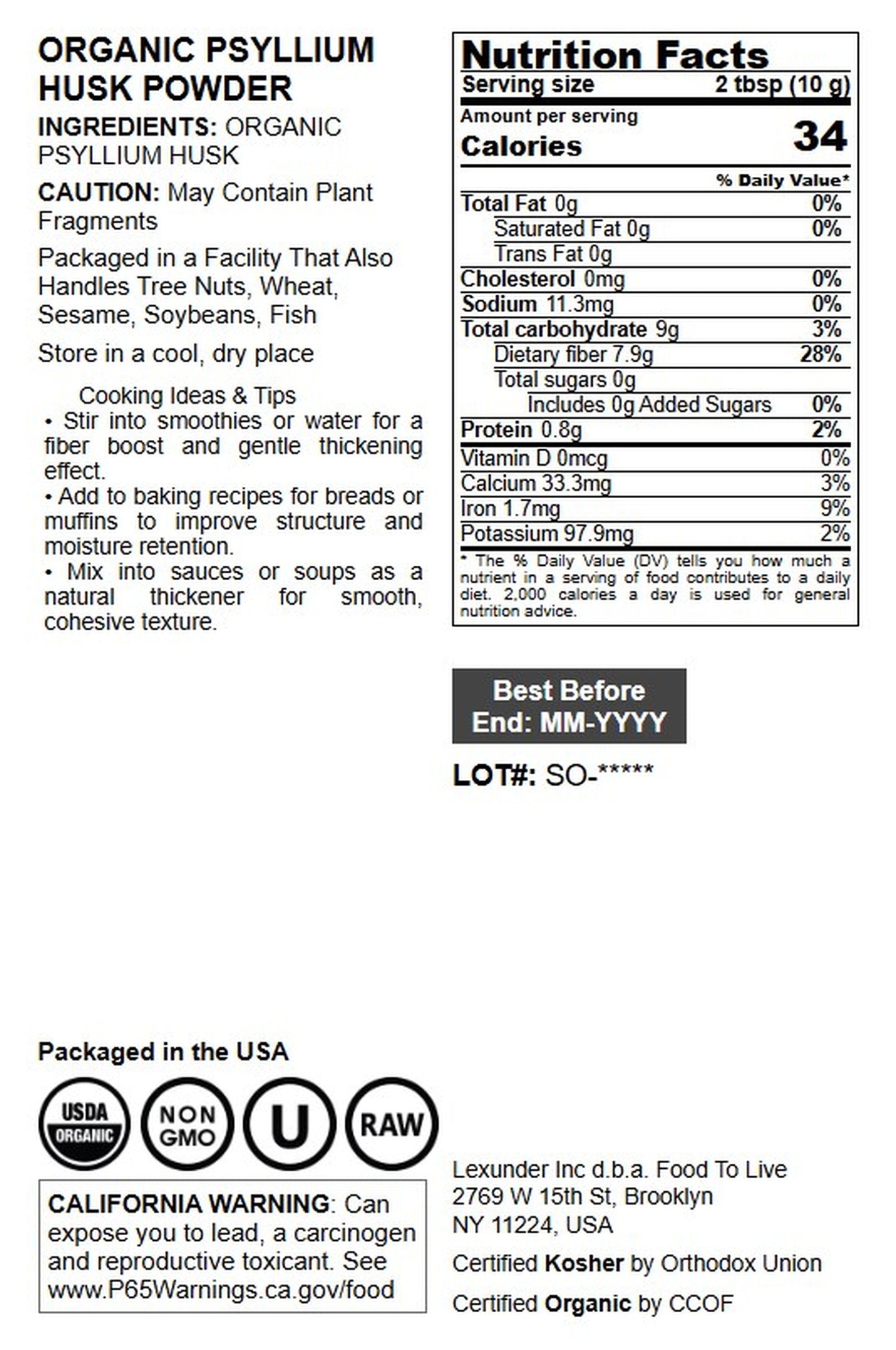 Organic Psyllium Husk Powder - by Food To Live