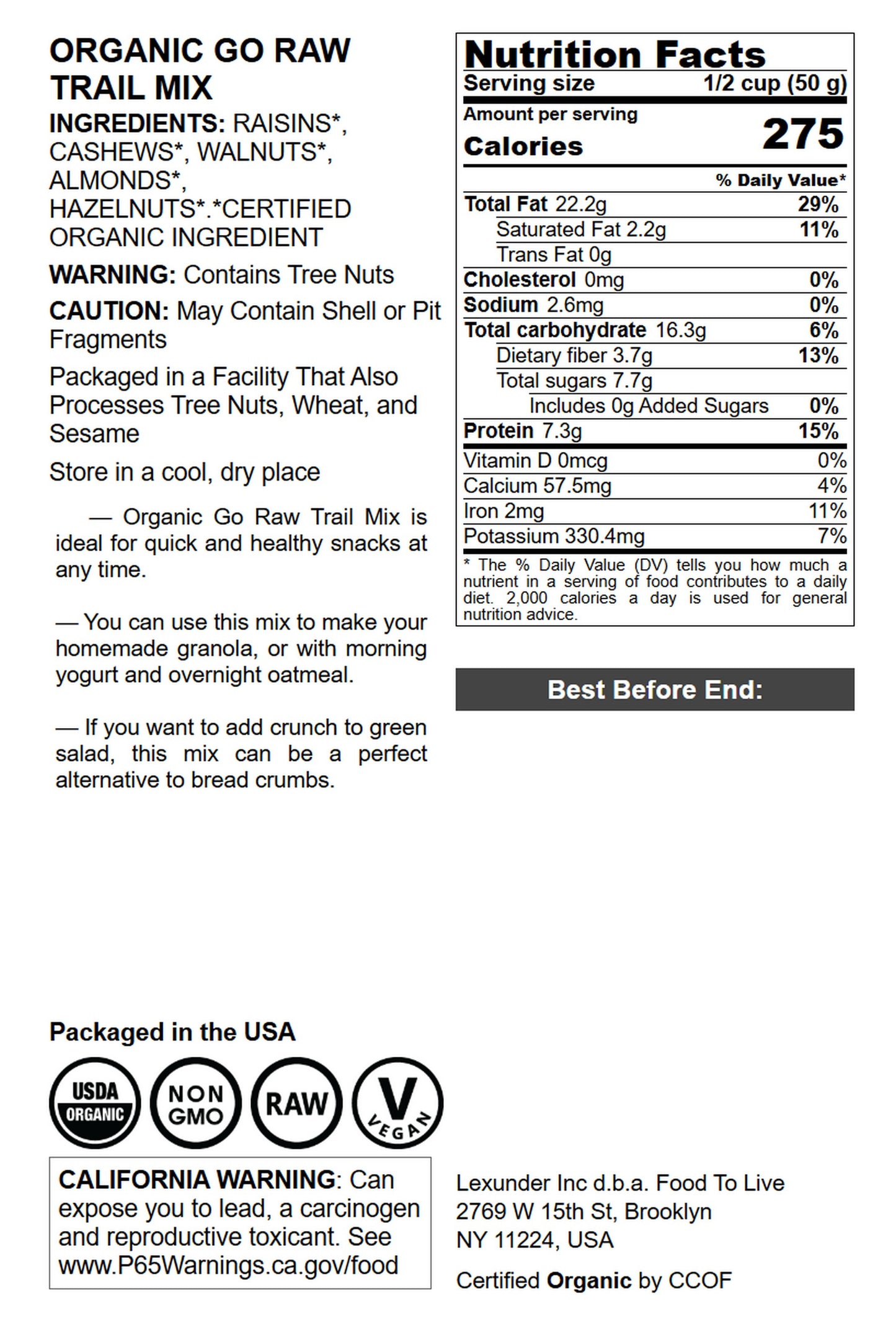 Organic Go Raw Trail Mix - by Food To Live