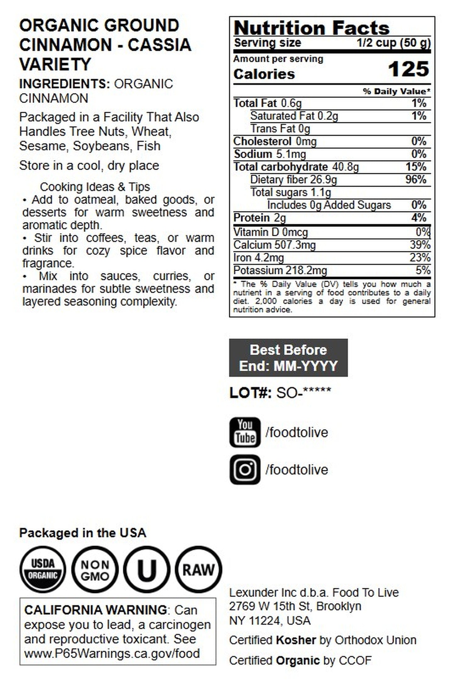 Organic Cinnamon Powder - by Food to Live