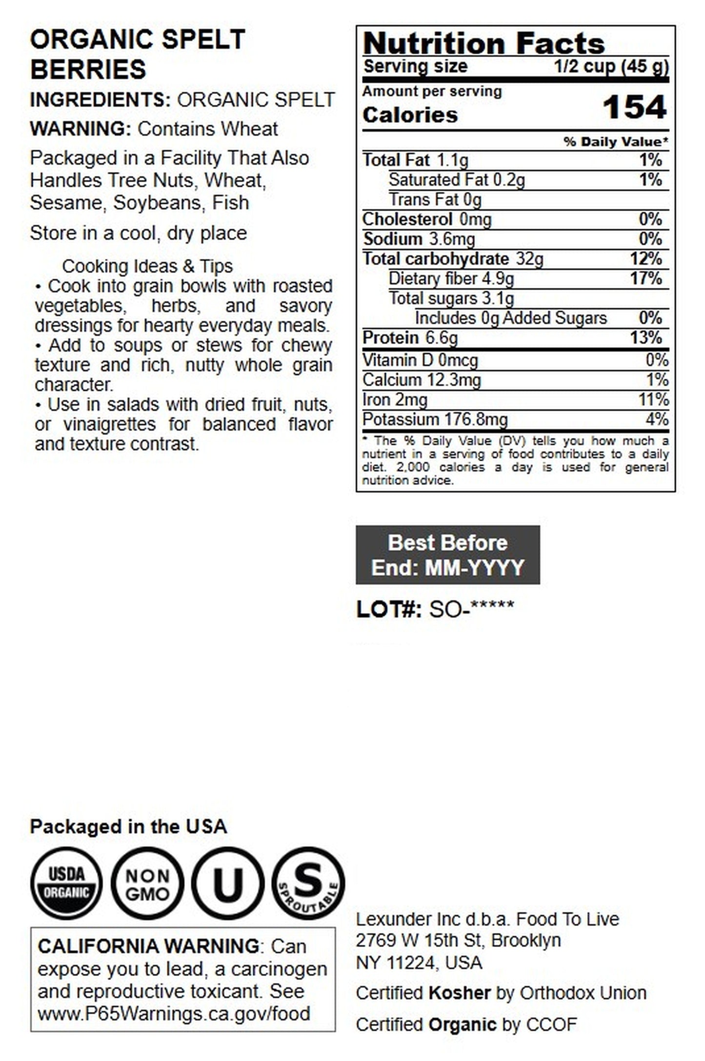 Organic Spelt Berries - by Food To Live