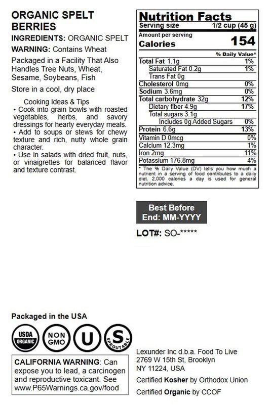 Organic Spelt Berries - by Food To Live