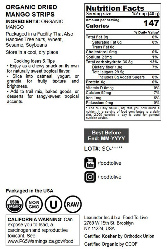 Organic Dried Mango Strips - by Food To Live