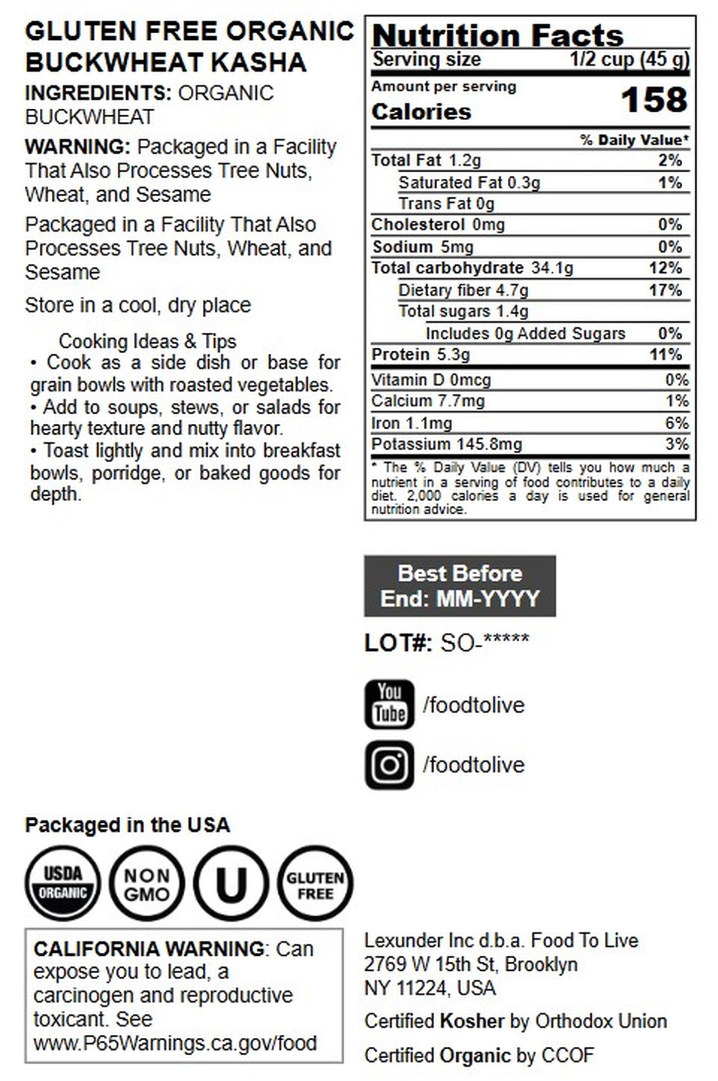 Gluten Free Organic Roasted Buckwheat Kasha - by Food To Live