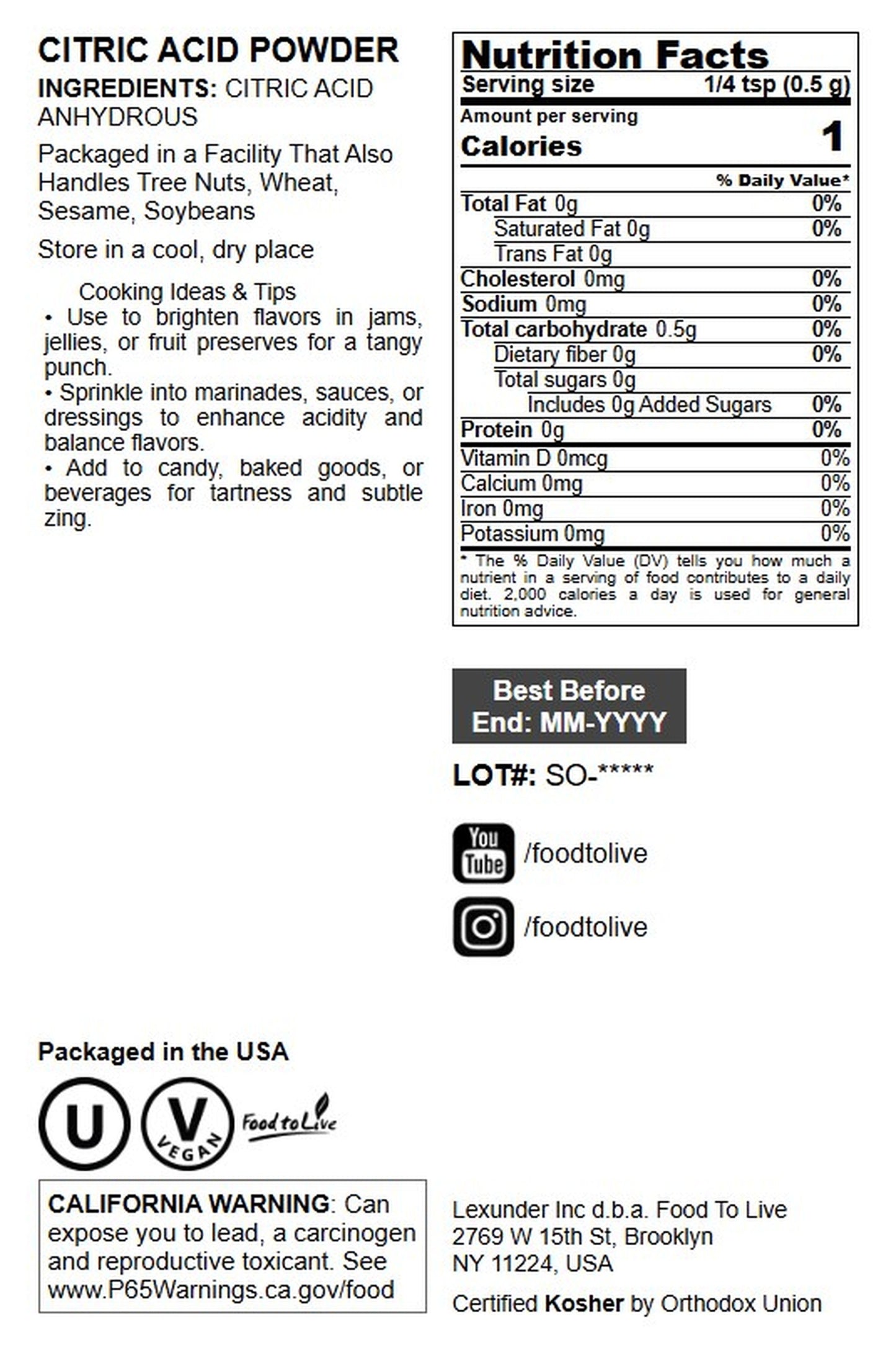Citric Acid Powder - by Food To Live