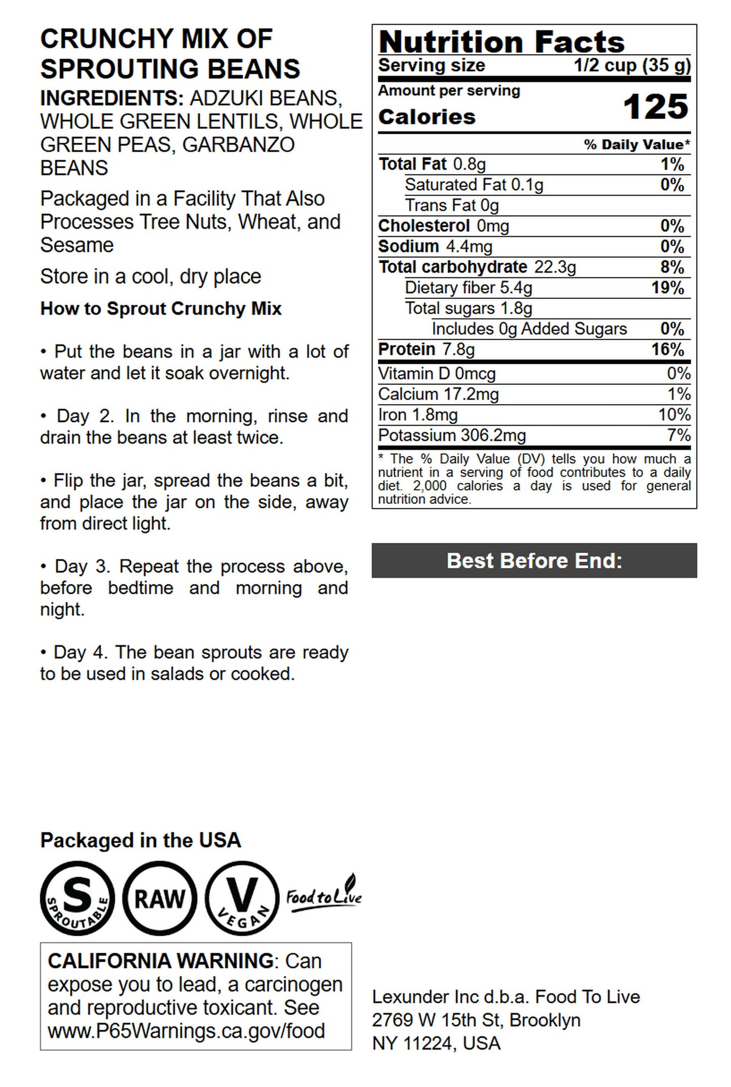 Crunchy Mix of Sprouting Bean Seeds - by Food To Live
