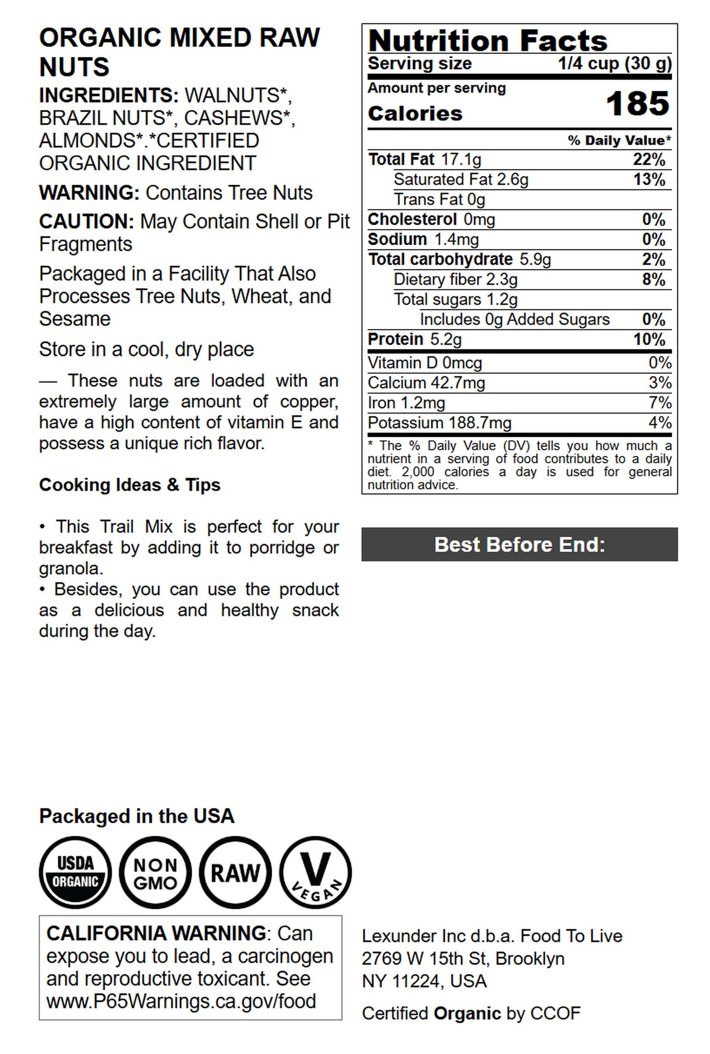 Organic Mixed Raw Nuts - by Food To Live