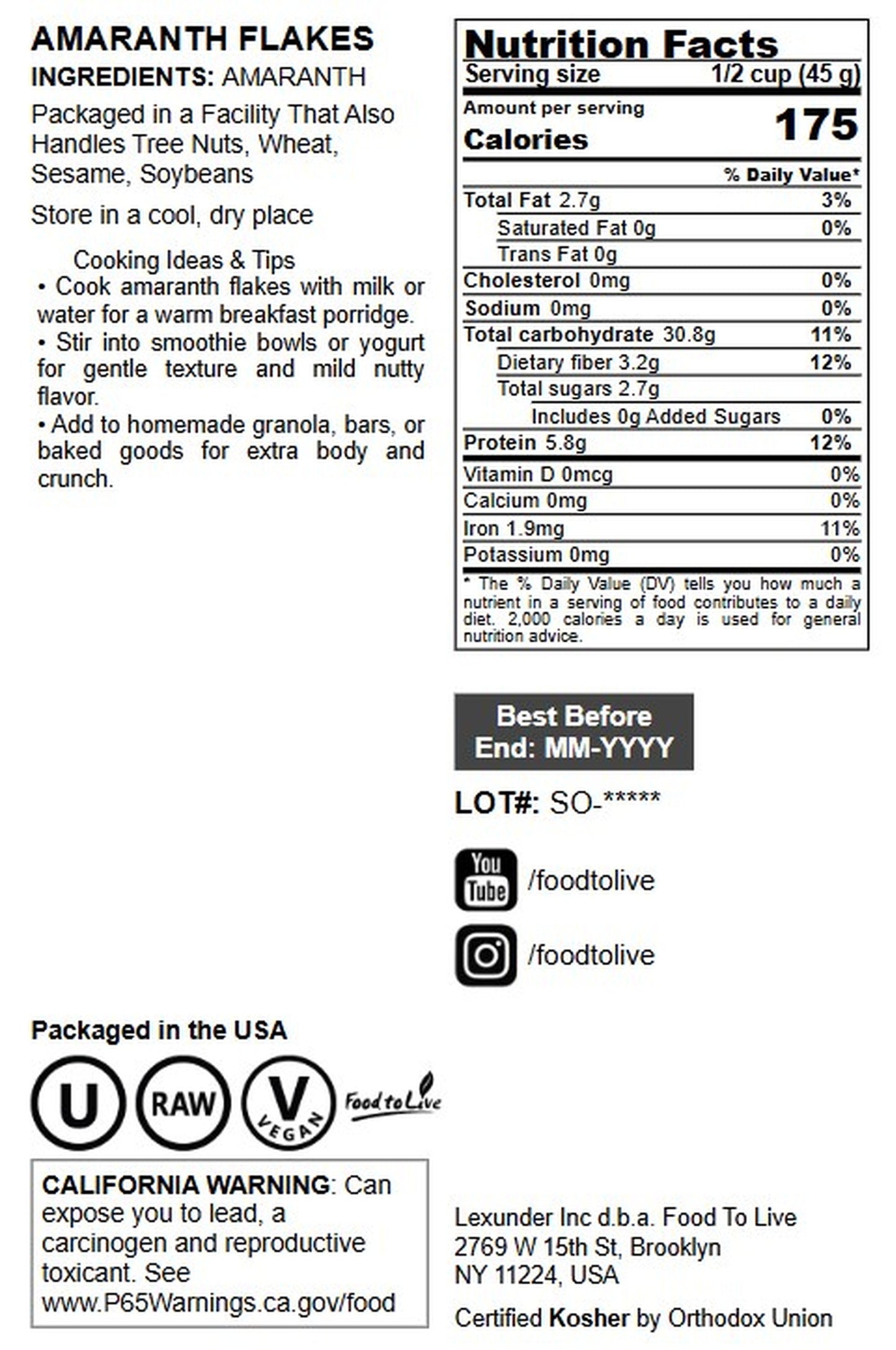 Amaranth Flakes - by Food To Live