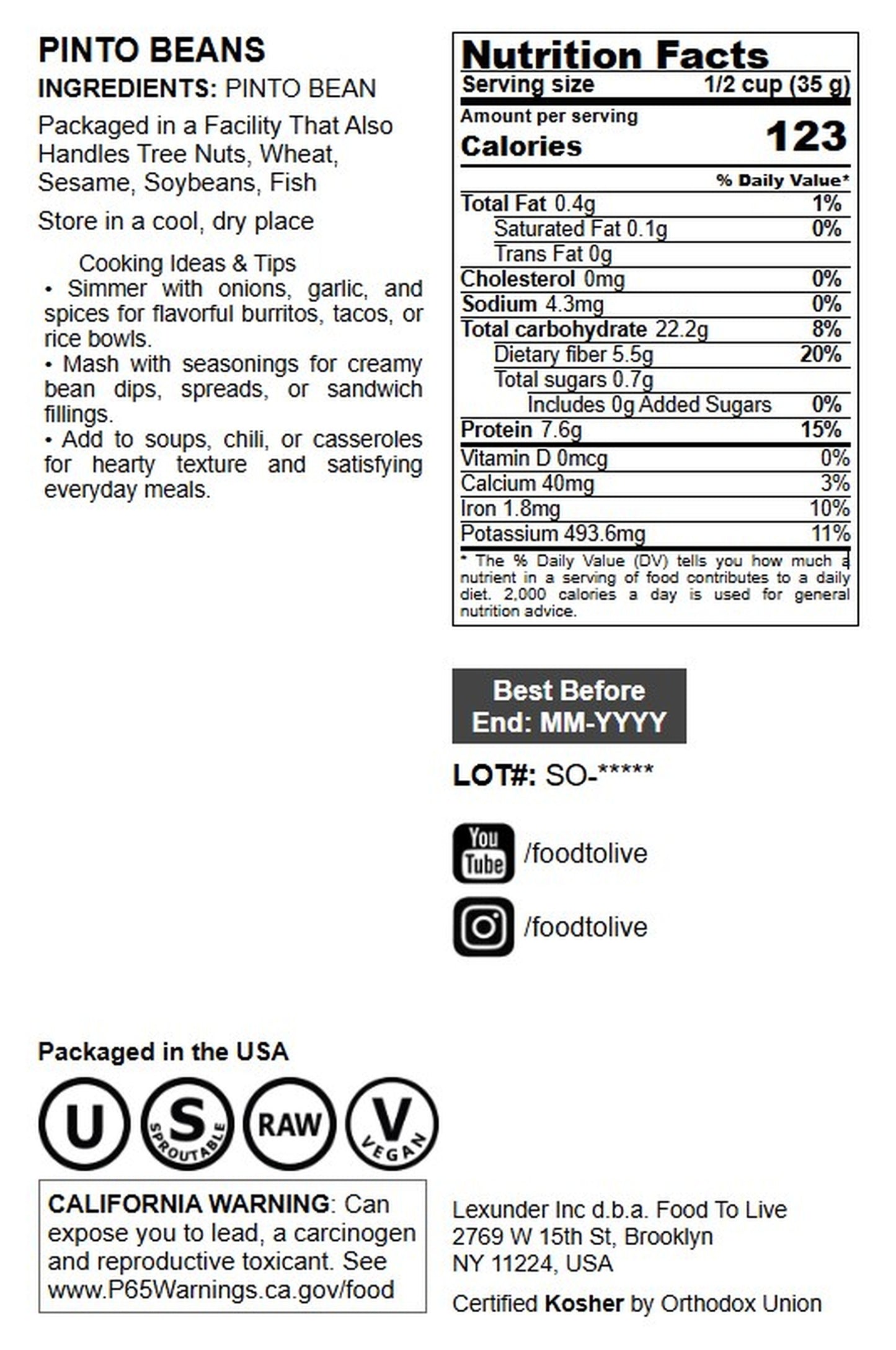Pinto Beans - by Food To Live
