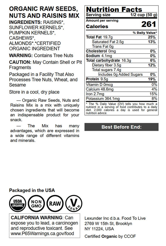 Organic Raw Seeds, Nuts and Raisins Mix - by Food To Live
