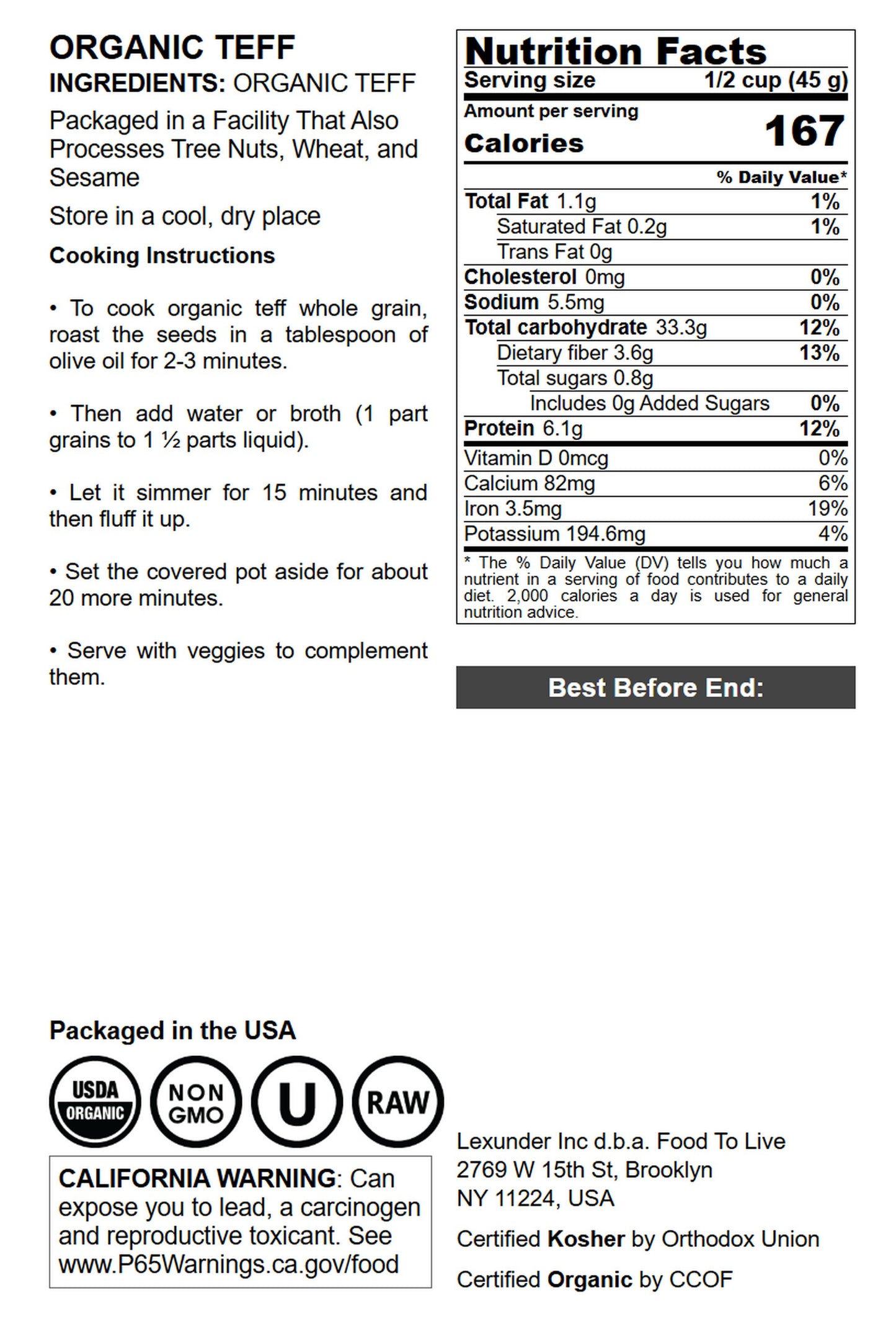Organic Teff - by Food To Live