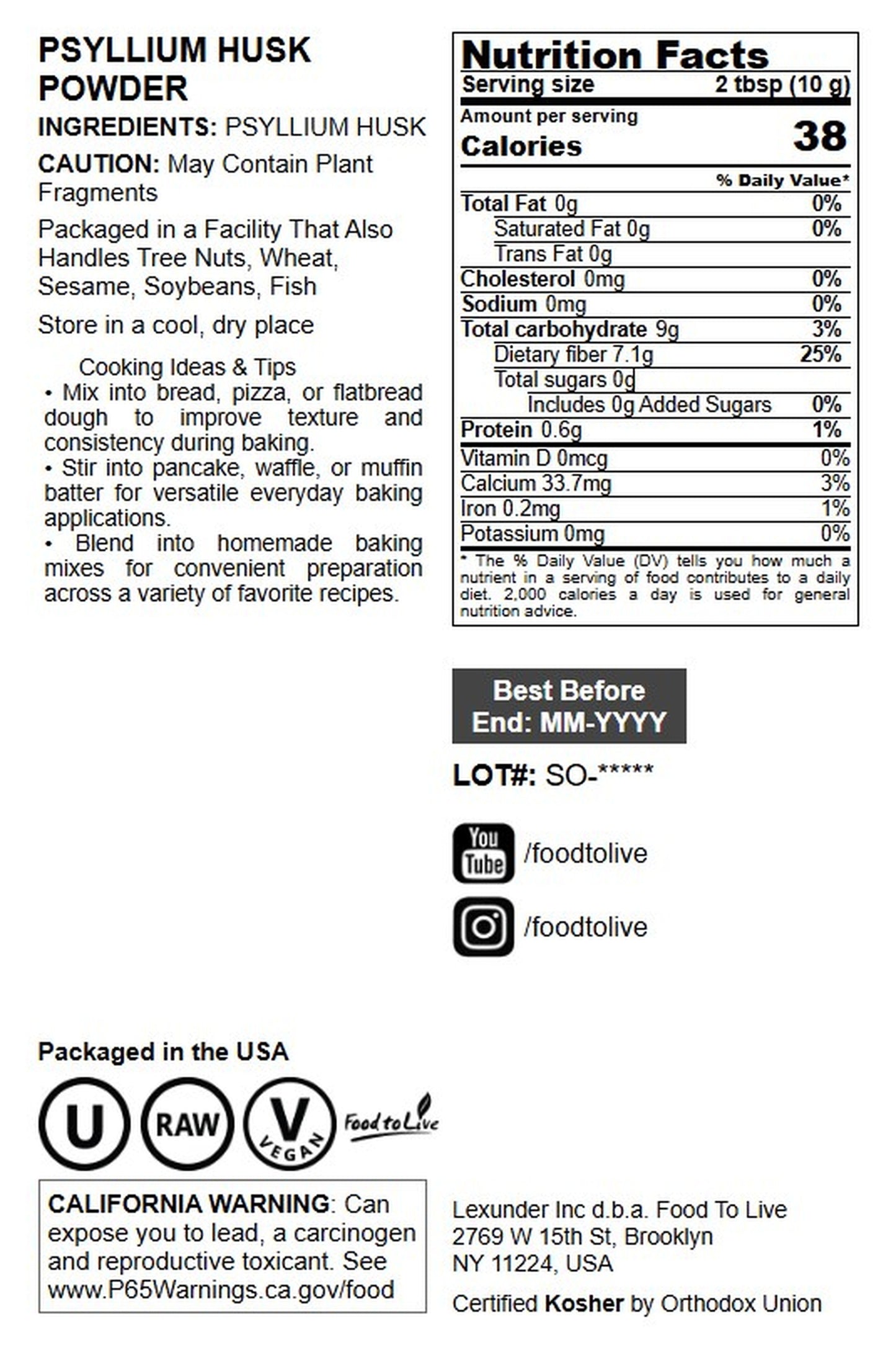 Psyllium Husk Powder - by Food To Live
