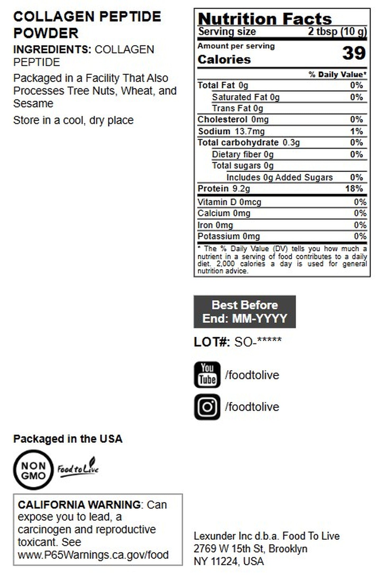 Collagen Peptide Powder - by Food to Live