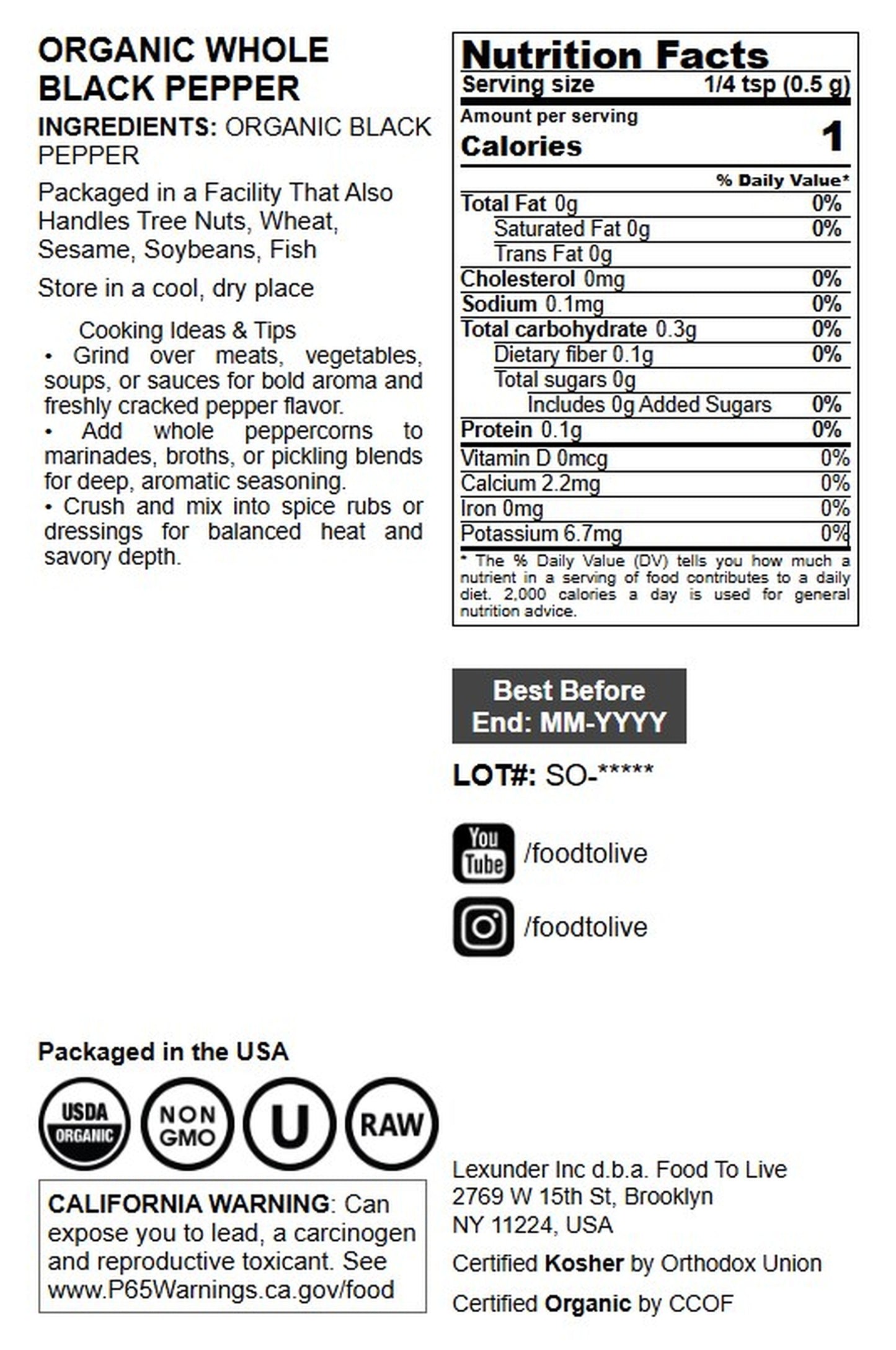 Organic Black Pepper - by Food To Live