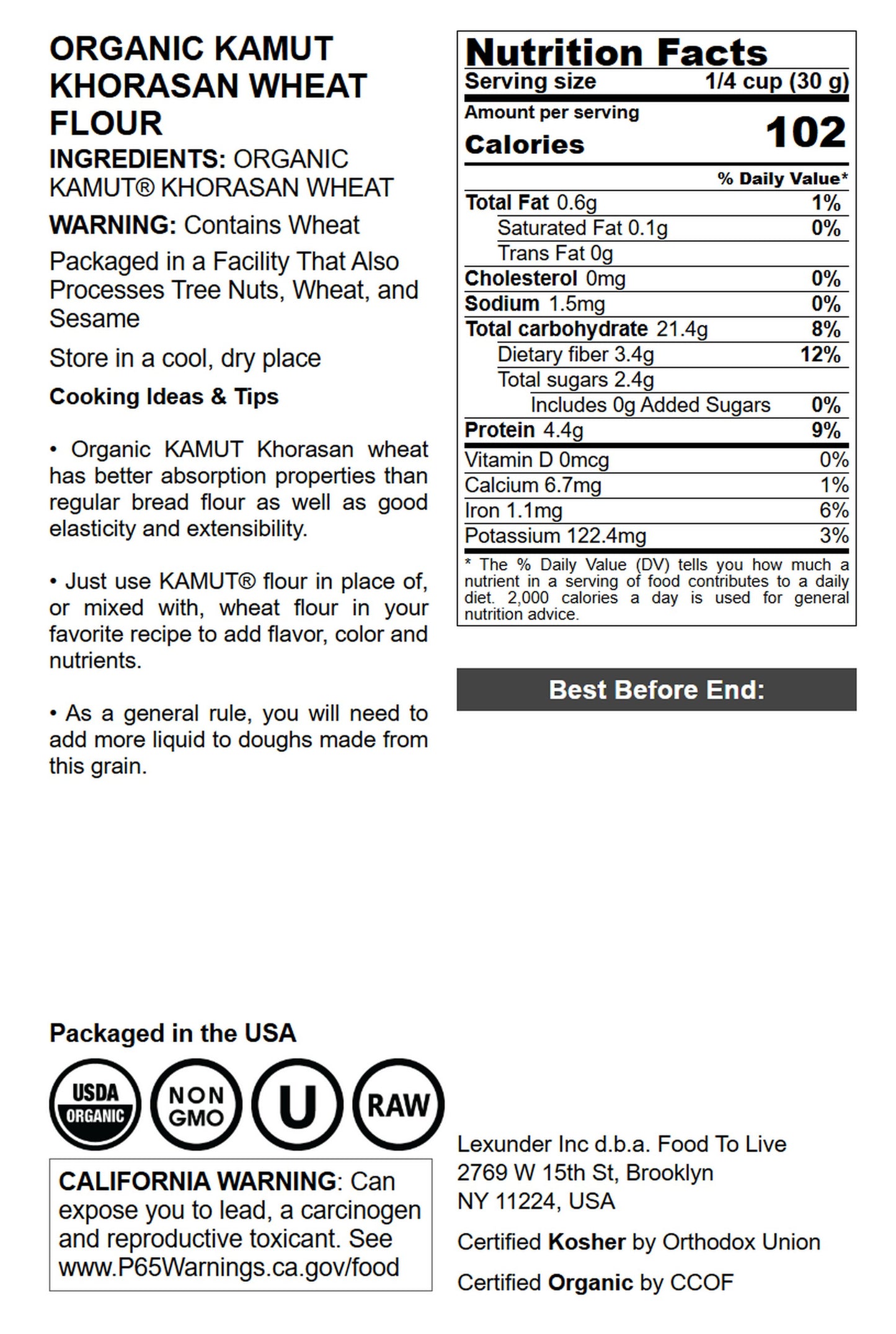 Organic KAMUT Khorasan Wheat Flour - by Food To Live