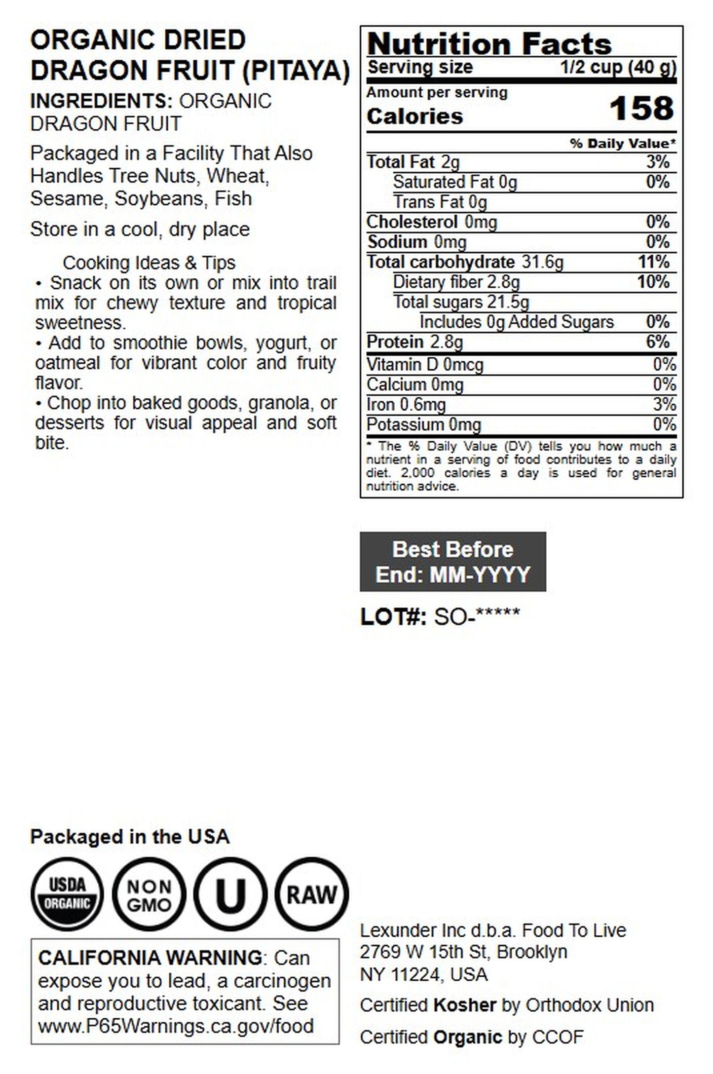 Organic Dried Dragon Fruit (Pitaya) - by Food To Live