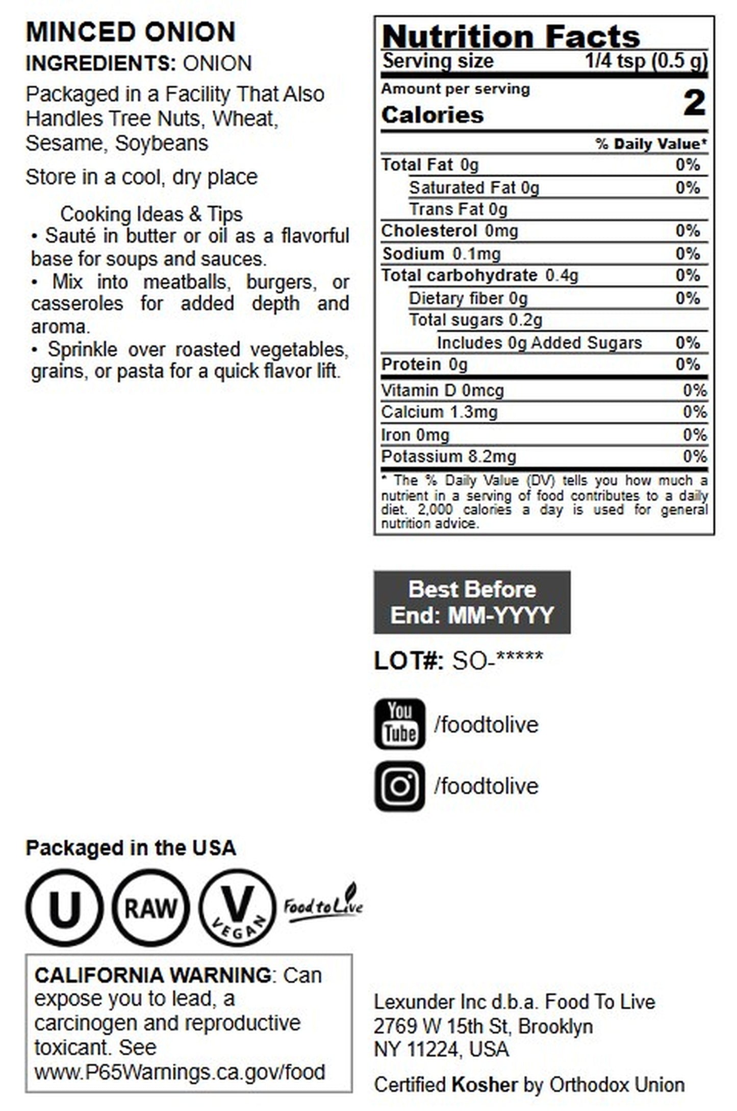 Minced White Onion - by Food To Live