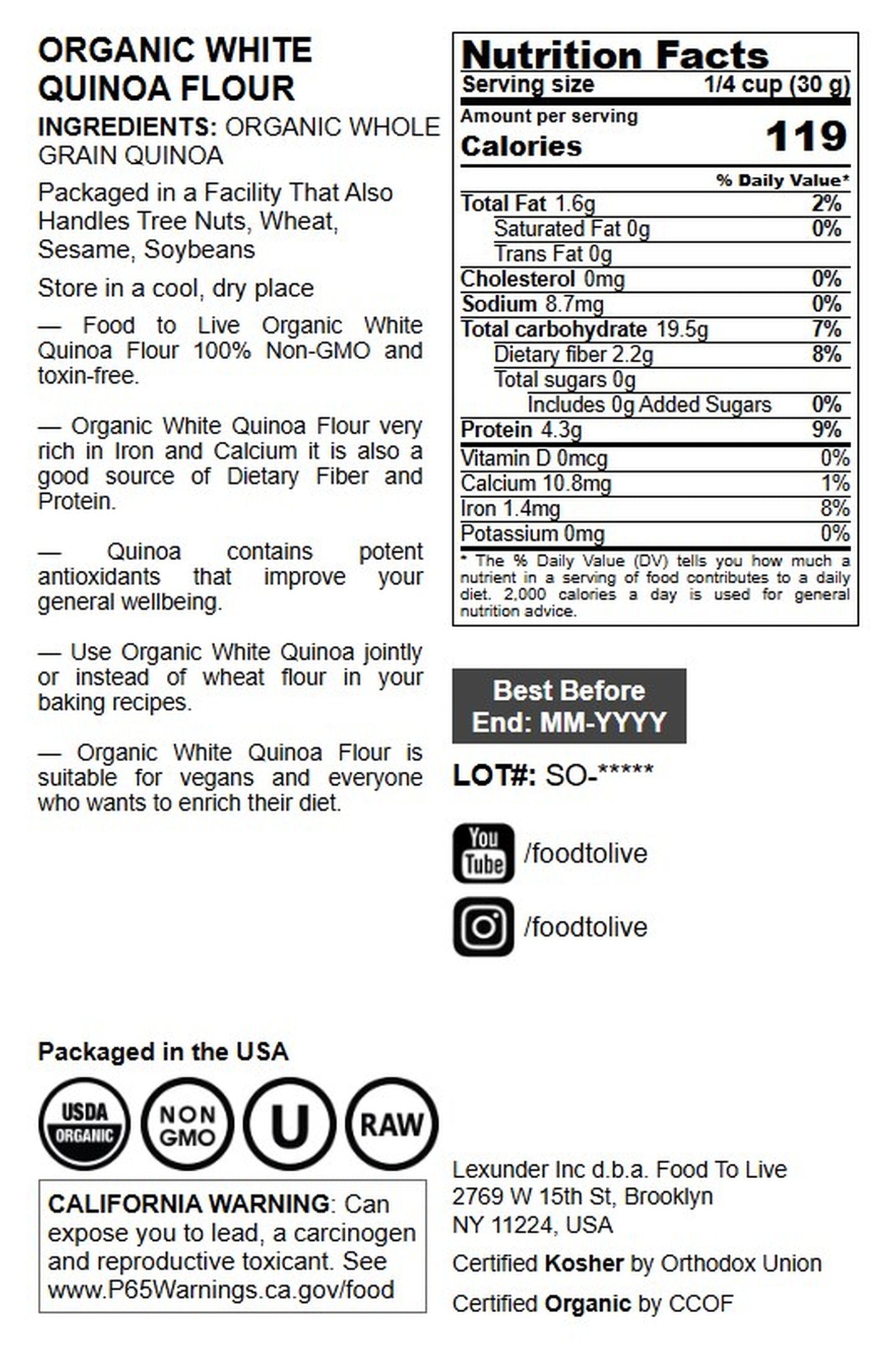 Organic White Quinoa Flour - by Food To Live