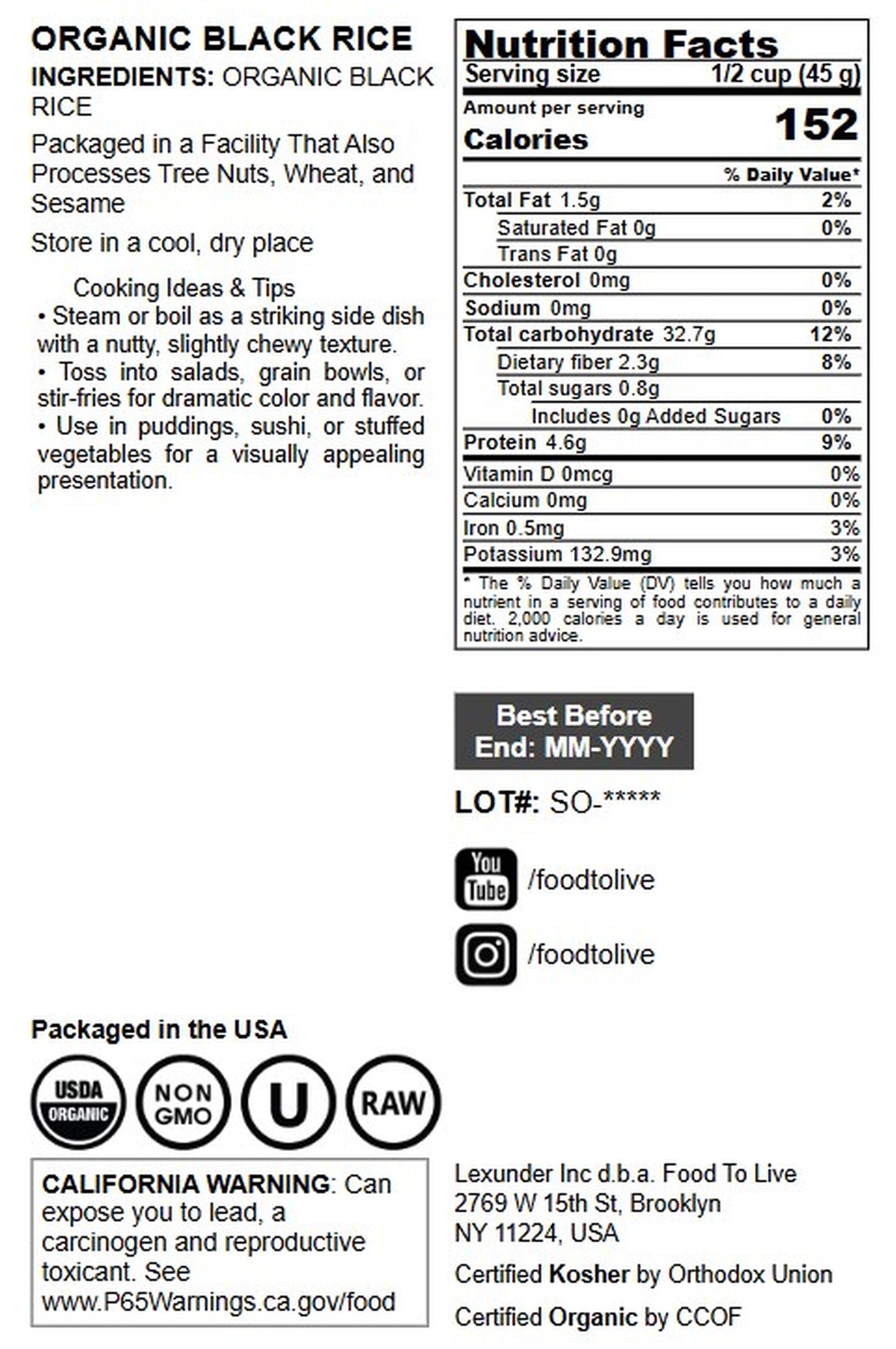 Organic Black Rice - by Food To Live