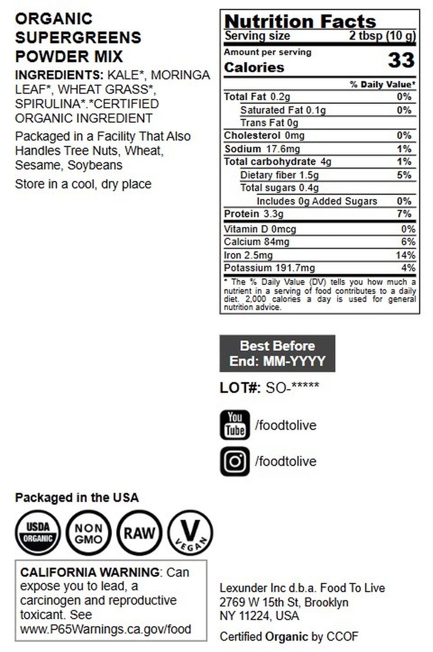 Organic SuperGreens Powder Blend - by Food To Live