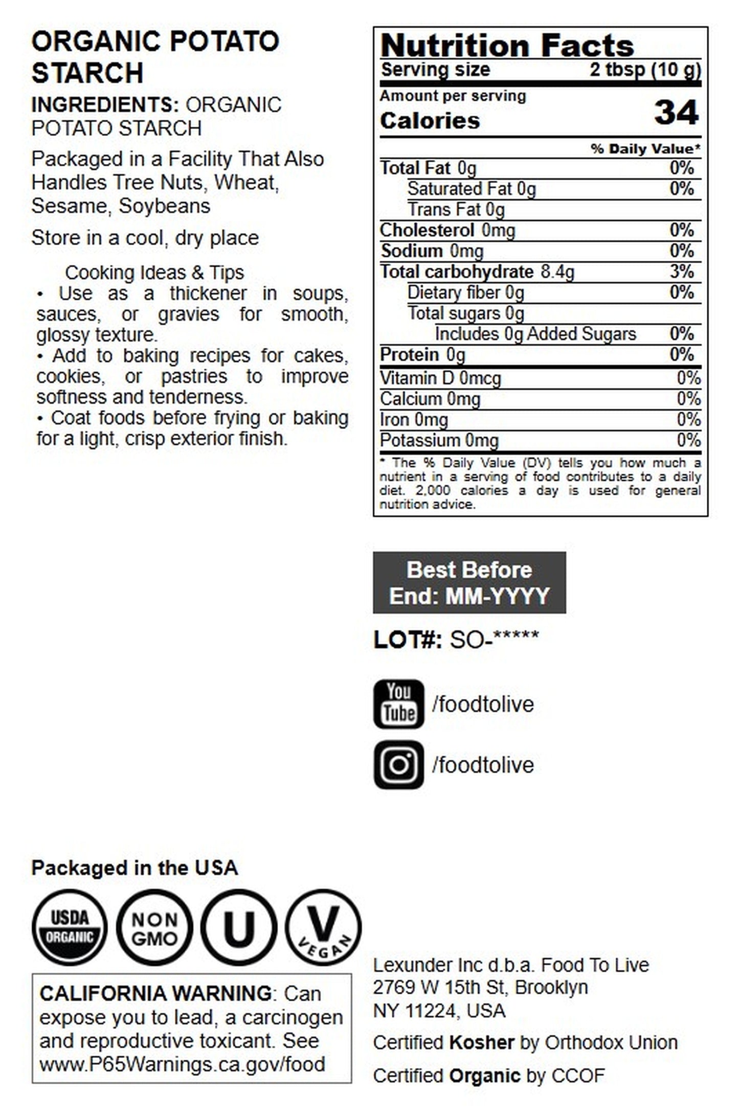 Organic Potato Starch - by Food To Live