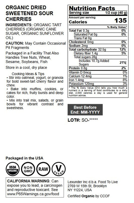 Organic Dried Sweetened Sour Cherries - by Food To Live