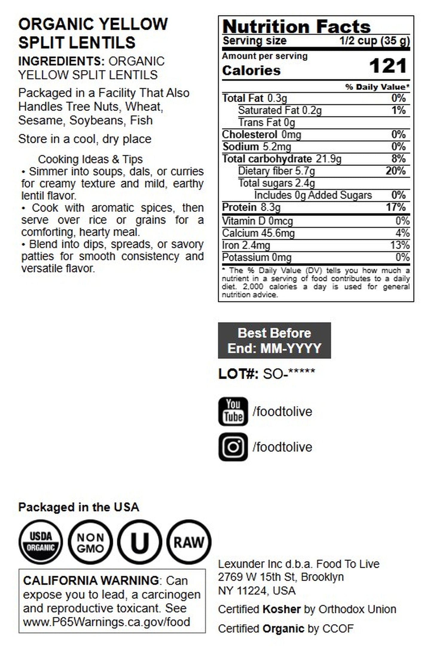 Organic Yellow Split Lentils - by Food To Live