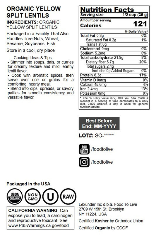 Organic Yellow Split Lentils - by Food To Live