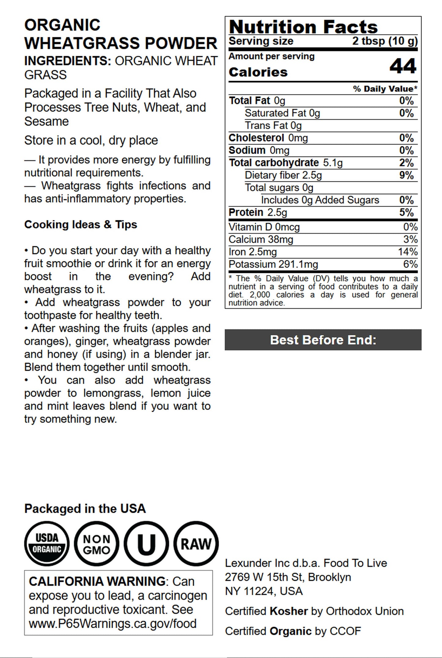 Organic Wheatgrass Powder - by Food To Live