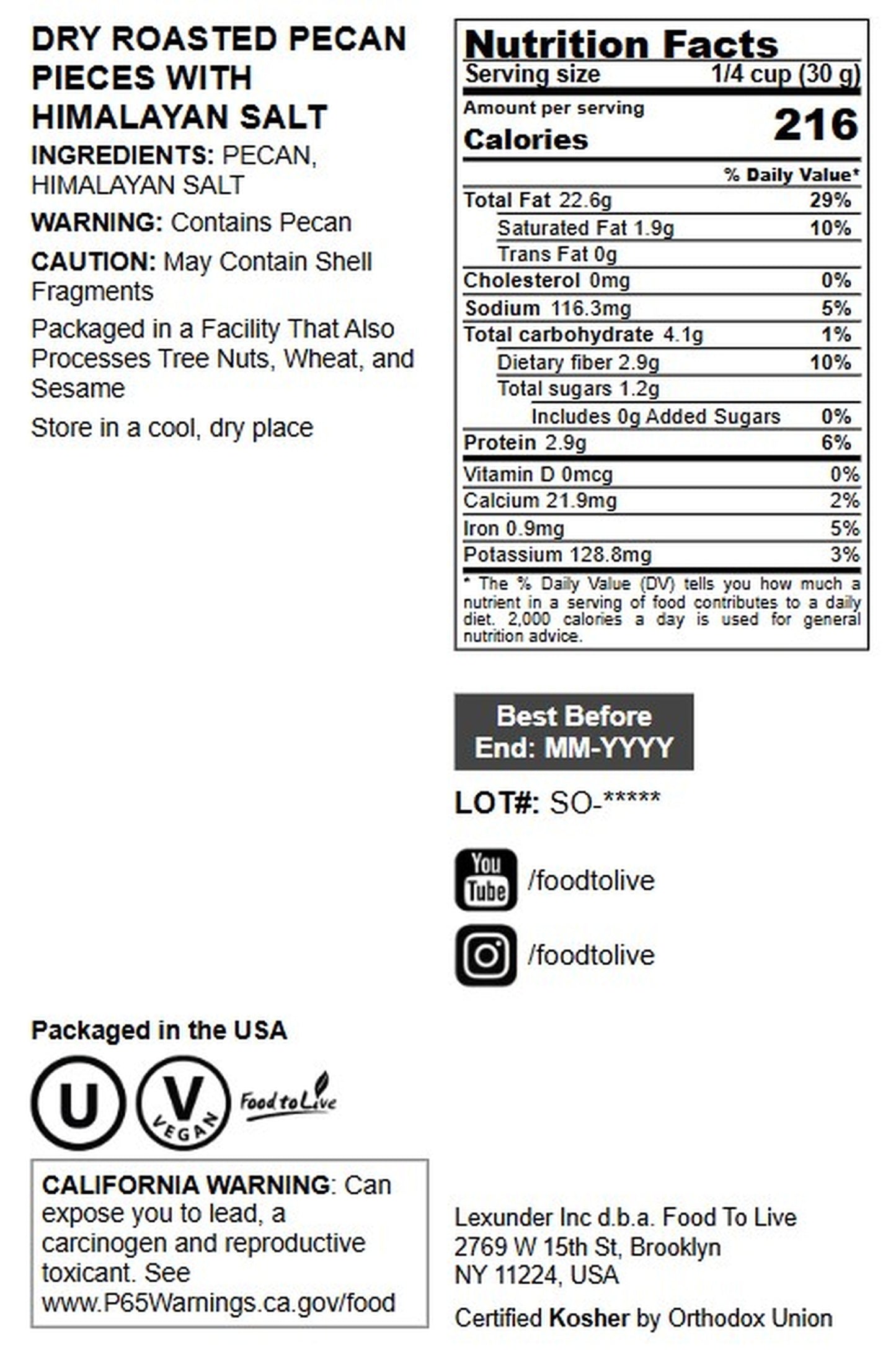 Pecan Pieces, Roasted and Salted - by Food to Live
