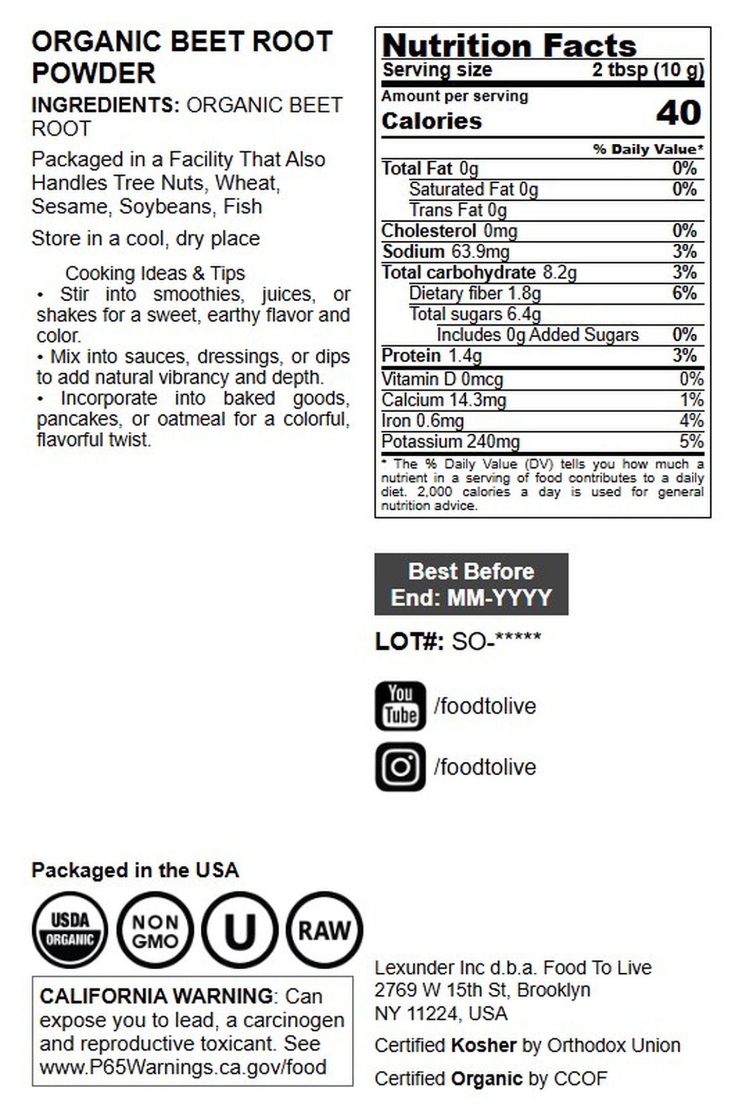 Organic Beet Root Powder- by Food To Live