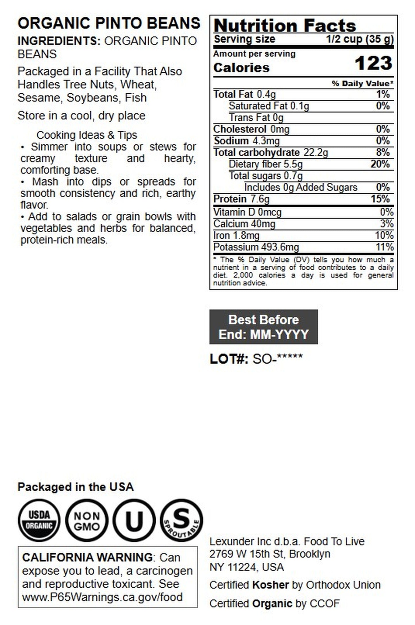 Organic Pinto Beans - by Food To Live