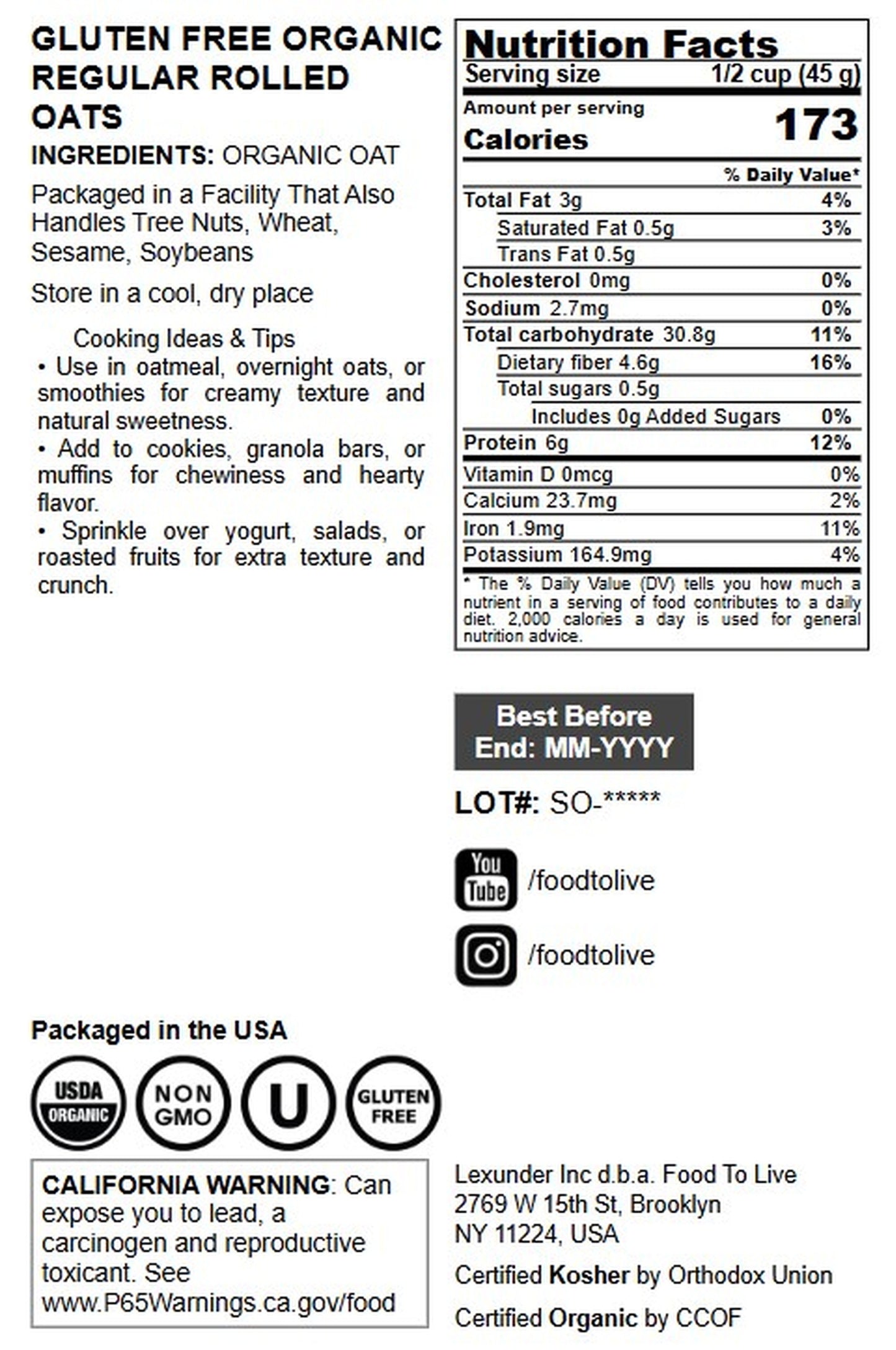 Gluten Free Organic Regular Rolled Oats - by Food To Live