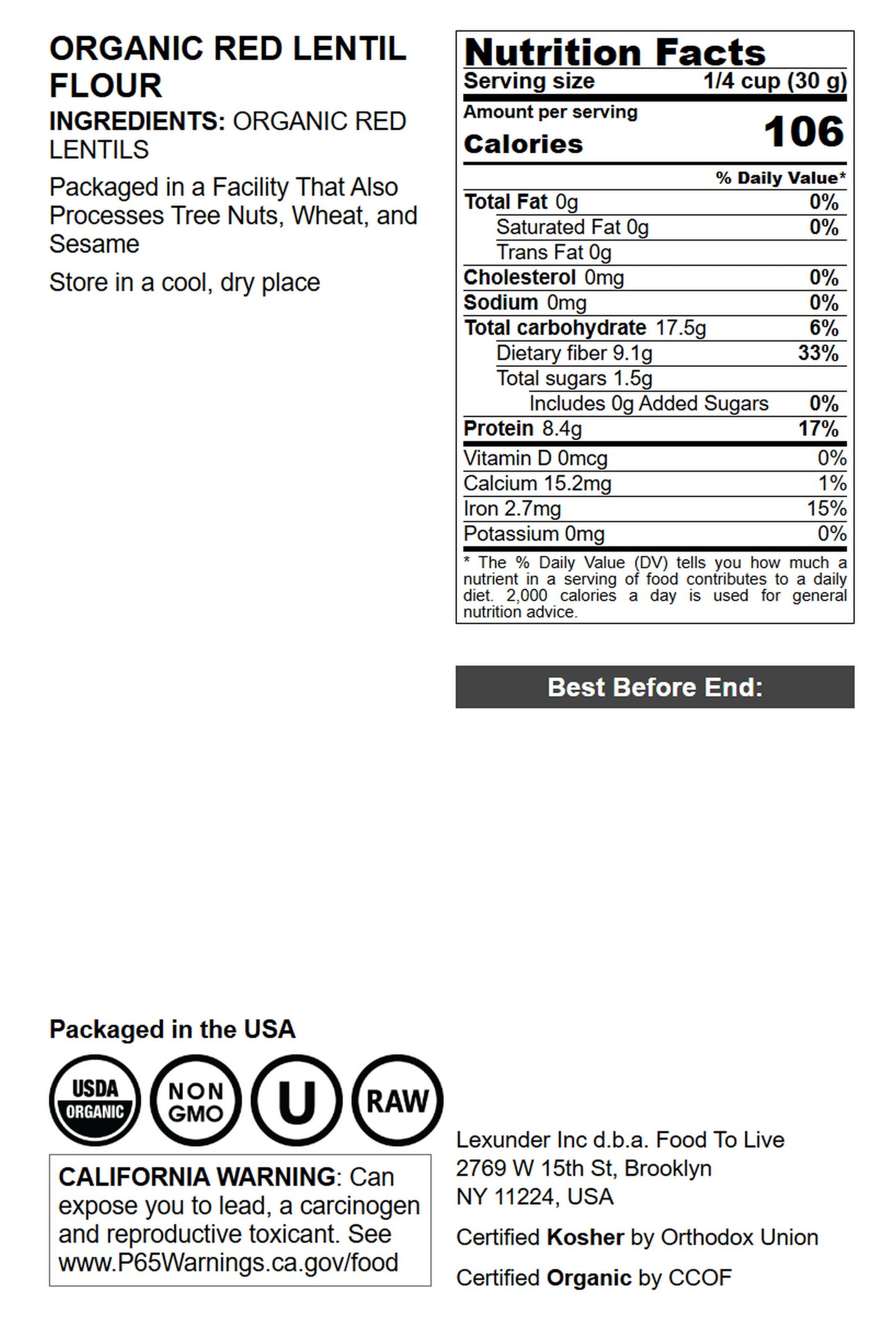 Organic Red Lentil Flour - by Food To Live