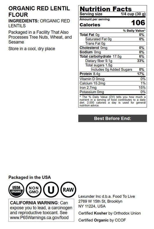 Organic Red Lentil Flour - by Food To Live