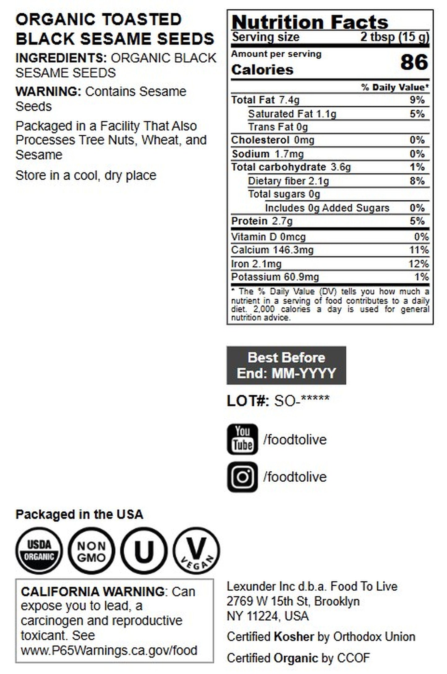 Organic Toasted Black Sesame Seeds - by Food to Live