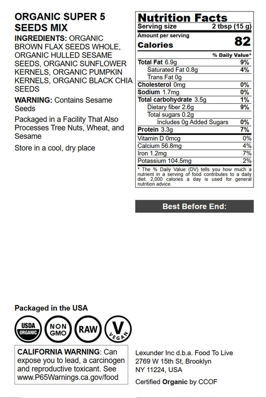 Organic Super 5 Seeds Mix - by Food To Live
